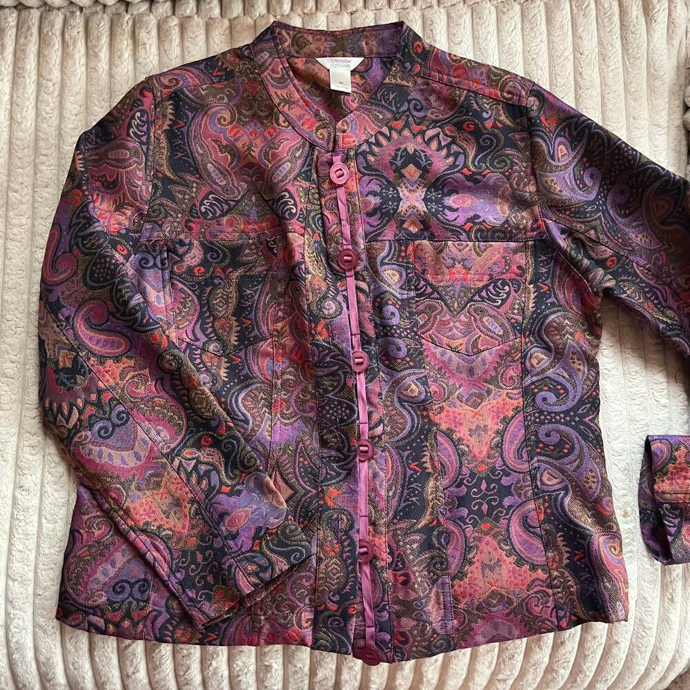 Christopher & Banks women's M pink purple paisley button light weight jacket - Picture 2 of 3